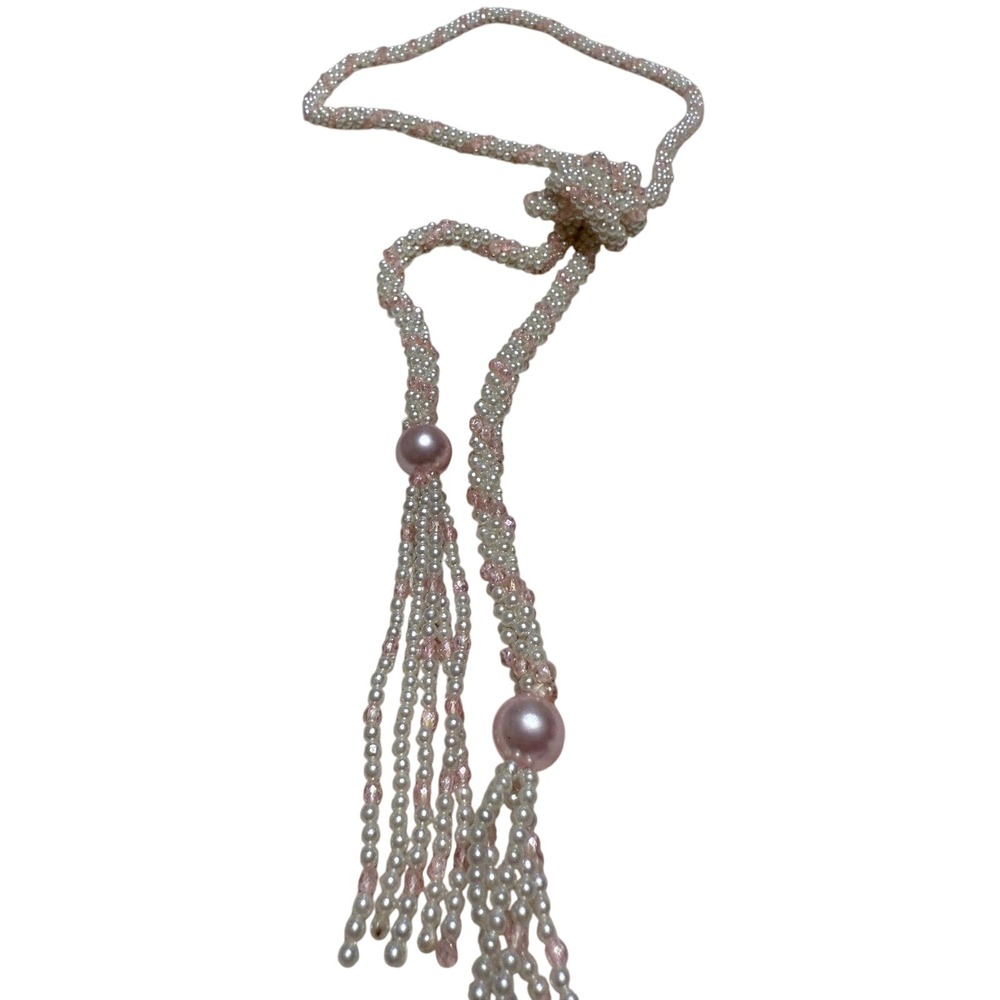 Vintage Spool Knitted Faux Pearl Lariat Necklace Pink Crystal Tassel Rope‎ Wrap